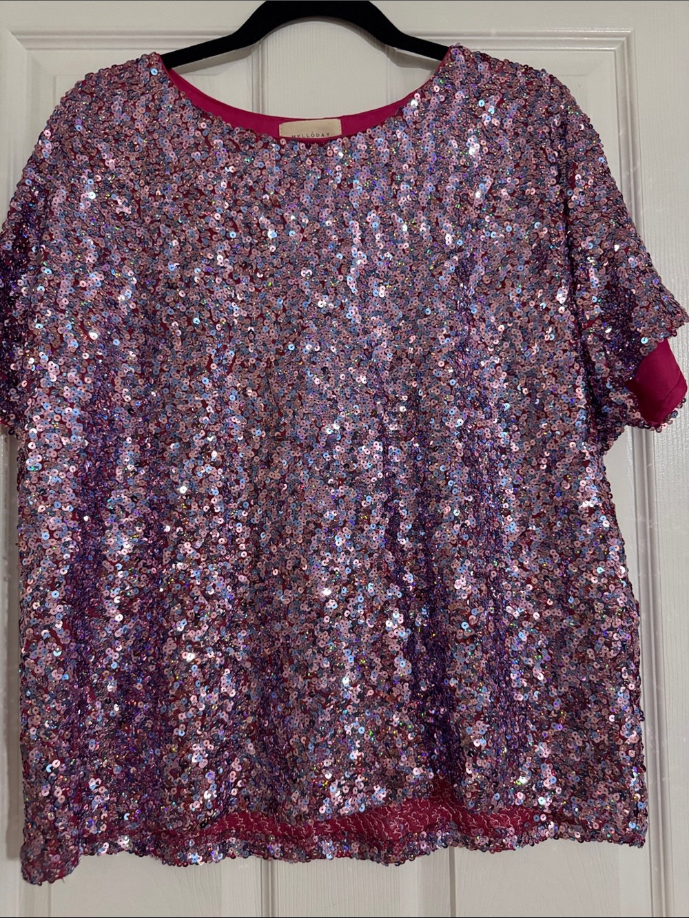 MELLODAY Pink and Purple Sequin Short Sleeve Top